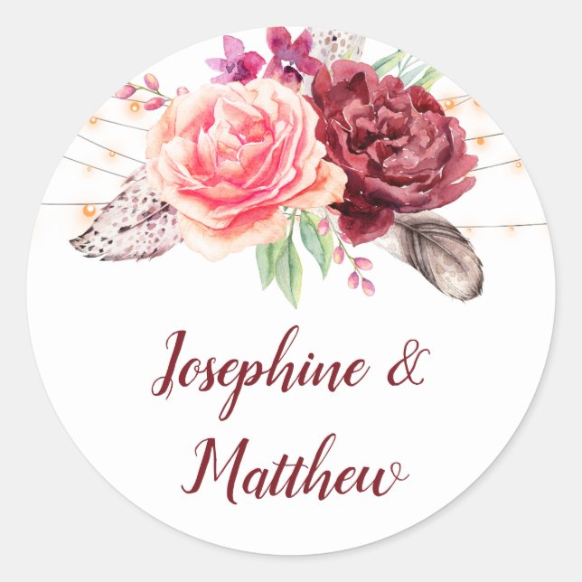 Adesivo Boho Rosas Luzes de Penas Casamento (Frente)