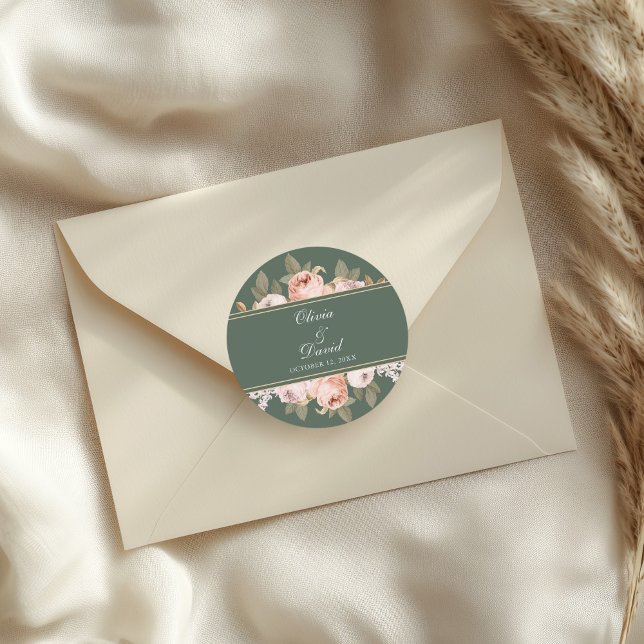 Adesivo Boho Sage Green Peonies Casamento (Boho Sage Green Peonies Wedding Classic Round Sticker on an elegant wedding envelope)