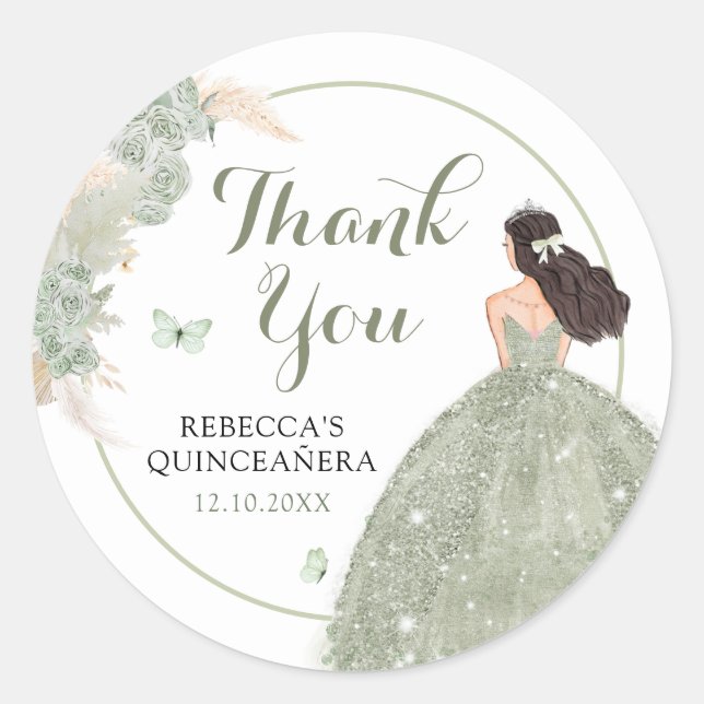 Adesivo Boho Sage Green Quinceañera Obrigado (Frente)