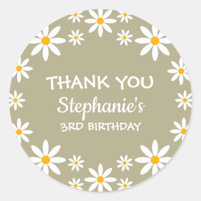Adesivo Boho Sage Green Retro Daisies Birthay Party (Frente)