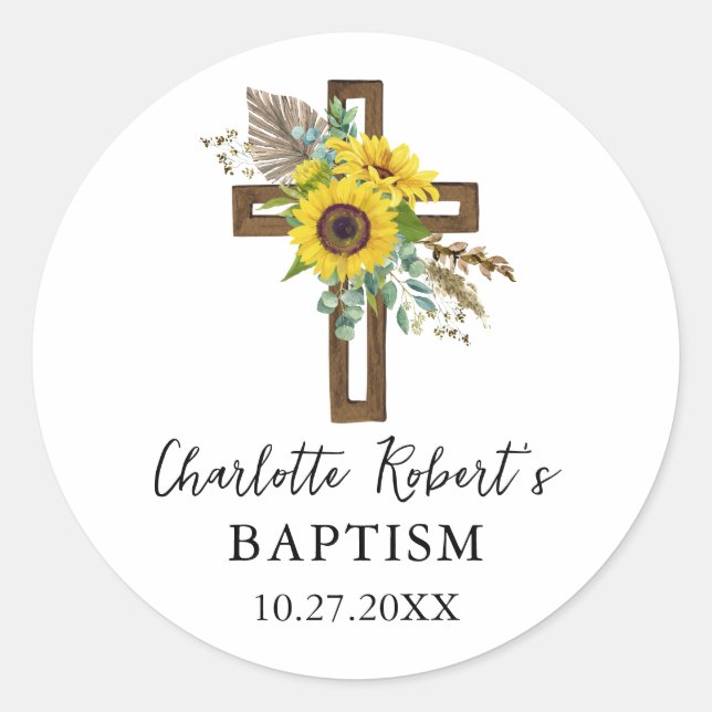 Adesivo Boho Sunflower & Eucalyptus Rustic Cross Baptism (Frente)