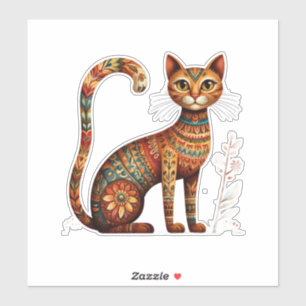 Adesivo Boho Tribal Gato Fofo Arte Folclórica com Flores