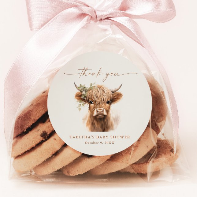 Adesivo Boho Vaca Casais Chá de Bebê Obrigado (Highland Cow Script Baby Shower Thank You Favor or Envelope Sticker Tag.)
