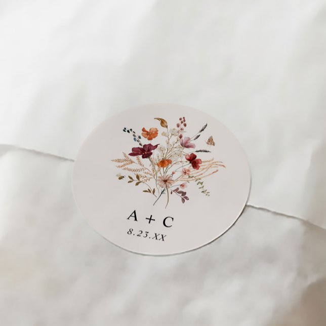 Adesivo Boho Wildflower Fall Burgundy Rust Casamento (Boho fall wildflower wedding favor stickers simple elegant)