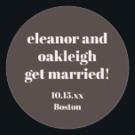Adesivo Bold Typography Warm Brown Modern Wedding Custom<br><div class="desc">This personalized wedding sticker in brown features bold modern typography with a warm,  minimalist layout. Customize the names,  date,  and location to match your celebration details. A versatile option for wedding favors,  envelopes,  welcome bags,  and day-of decor. Designed to coordinate seamlessly with modern and neutral wedding styles.</div>