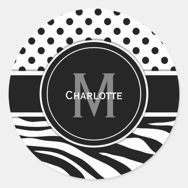 Adesivo Bolinhas brancas pretas monograma e faixas de zebr (Frente)