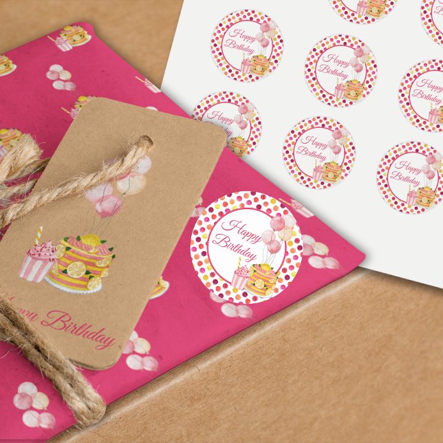 Adesivo Bolinhas de aniversário feliz amarelo rosa (Pink Yellow Birthday Gift Tag Sticker)