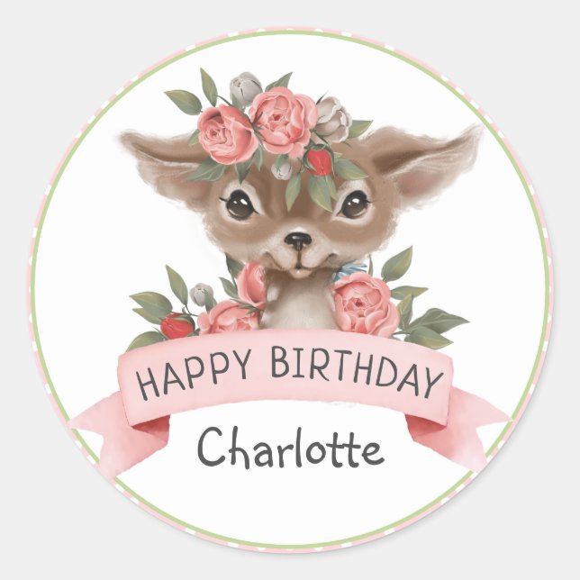 Adesivo Bolinhas rosa Woodland Deer Birth para Garota (Frente)