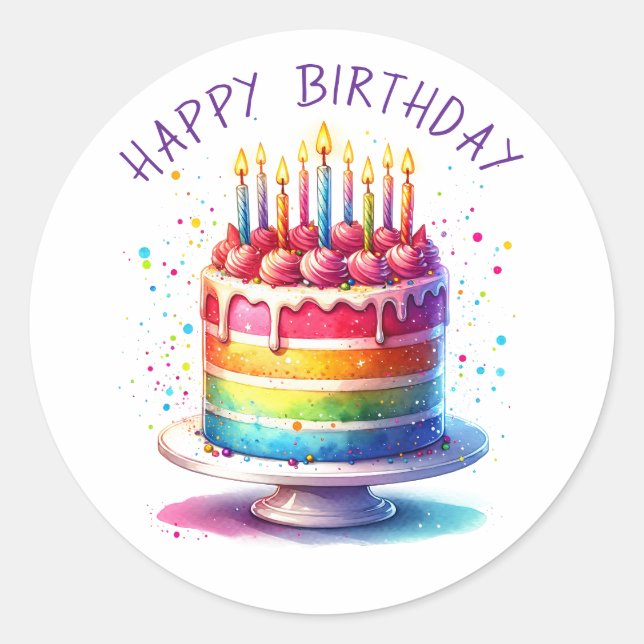 Adesivo Bolo Arco-Íris Feliz Aniversário (Frente)