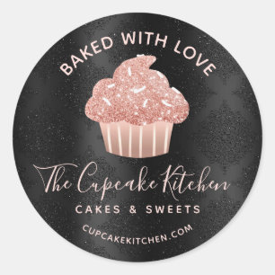Adesivo Bolo com Amor Rosa Dourado Brilho Cupcake Preto