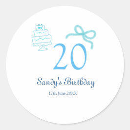 Adesivo Bolo de 20º aniversário com laço azul nome data pa