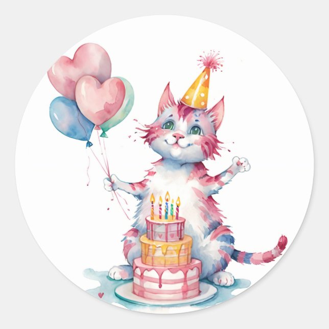 Adesivo Bolo-de-Aniversário de Gato Rosa - Bolo-de-Anivers (Frente)