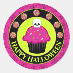 Adesivo Bolo de Halloween cor-de-rosa e verde fofo com cav