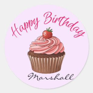 Adesivo Bolo de Morango Rosa Fofo Feliz Aniversário Redond