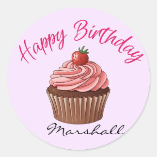 Adesivo Bolo de Morango Rosa Fofo Feliz Aniversário Redond