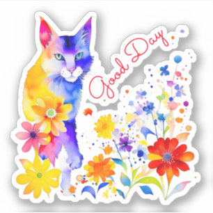 Adesivo Bom Dia   Gato e Flores em Aquarela 