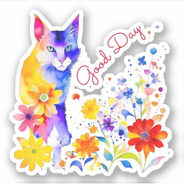 Adesivo Bom Dia | Gato e Flores em Aquarela  (Frente)