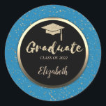 Adesivo Boné de Formando com brilho Dourado,Confetti Azul<br><div class="desc">Dourado boné de formatura,  confete com o seu nome.</div>