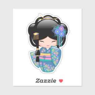 Adesivo Boneca de Keiko Kokeshi - menina de gueixa azul do