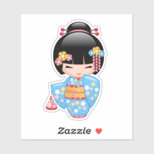 Adesivo Boneca de Maiko Kokeshi - menina de gueixa azul do