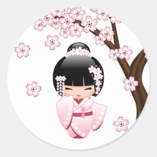 Adesivo Boneca Kawaii Kokeshi Quimono Rosa