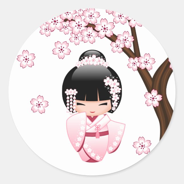 Adesivo Boneca Kawaii Kokeshi Quimono Rosa (Frente)