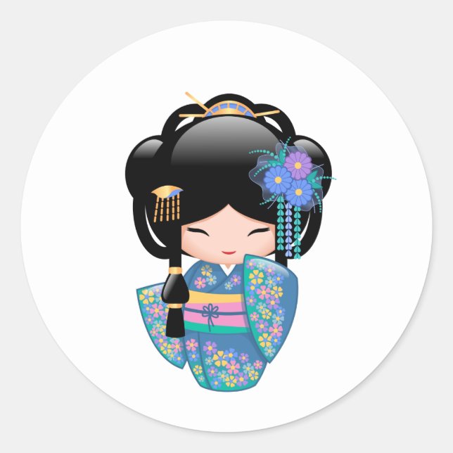 Adesivo Boneca Keiko Kokeshi - Rapariga Kimono Geisha Azul (Frente)