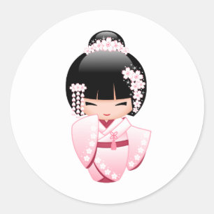 Adesivo Boneca Kokeshi Quimono Rosa Kawaii