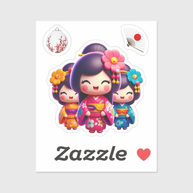 Adesivo Boneca Kokeshi, Três Linda Geisha (Folha)