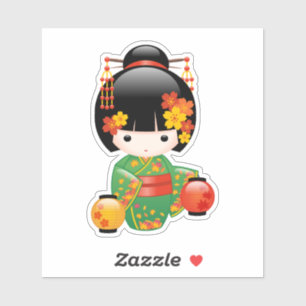 Adesivo Boneca Kokeshi verde Kimono Geisha