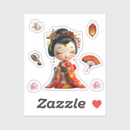 Adesivo Boneca Kokeshi Vermelha e Dourada, Geisha Stickers
