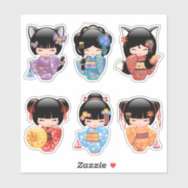 Adesivo Bonecas Kokeshi Set 2 - Raparigas Kimono Geisha Ja