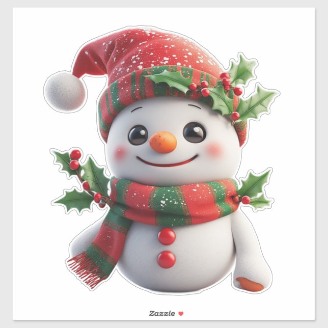 Adesivo Boneco de Neve Alegre Com Chapéu de Papai Noel (Folha)