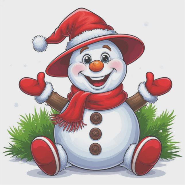 Adesivo Boneco de Neve Alegre Vestido de Vermelho Com Chap (Frente)