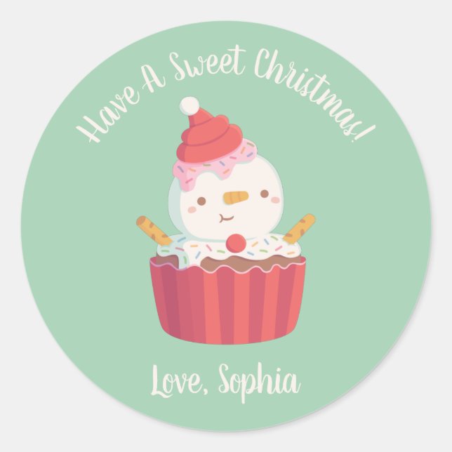 Adesivo Boneco de Neve de Cupcake Fofo, Natal Doce (Frente)