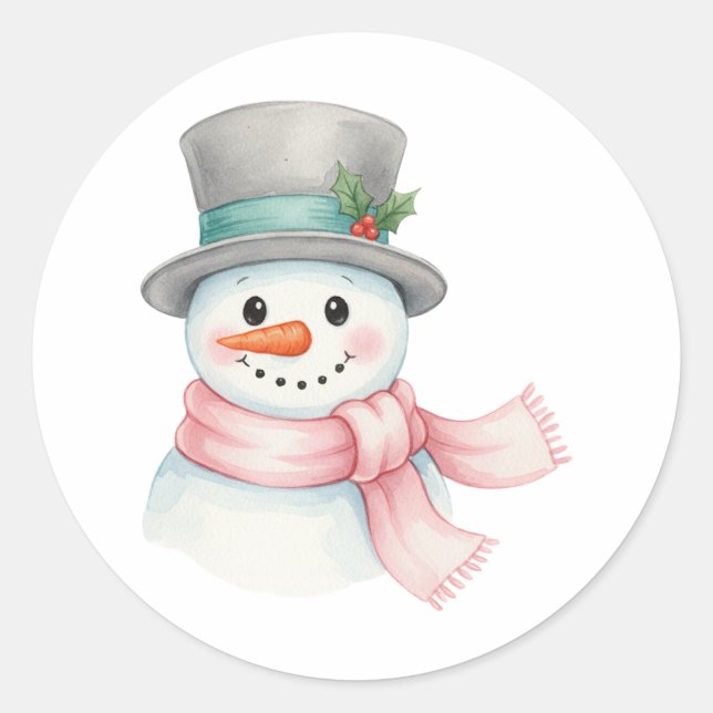 Adesivo Boneco de Neve em Aquarela Fofa com Cachecol Rosa  (Frente)
