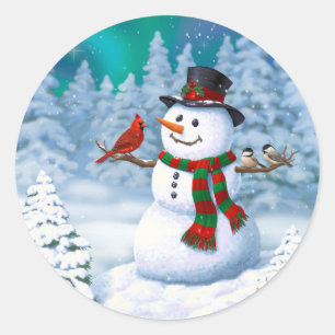 Adesivo Boneco de Neve Feliz Natal & Pássaros Cena de Inve
