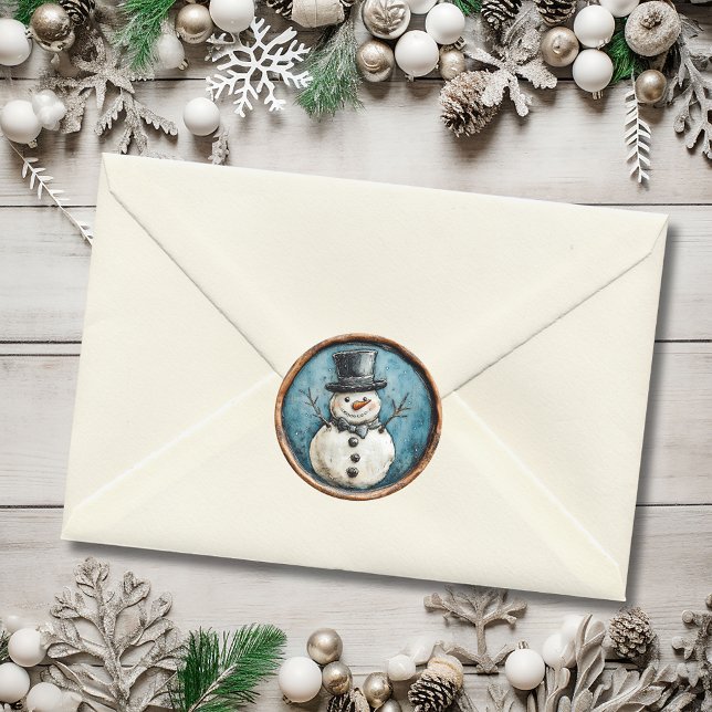 Adesivo Boneco de Neve Natal Azul Cera Falsa (Snowman Blue Christmas Faux Wax Classic Round Sticker)