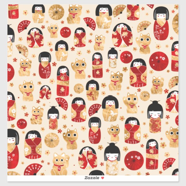 Adesivo Bonecos Japoneses - Gatos Kokeshi e Maneki Neko (Folha)