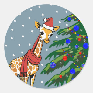 Adesivo Bonita Girafa Beanie e Scarf com árvore de Natal