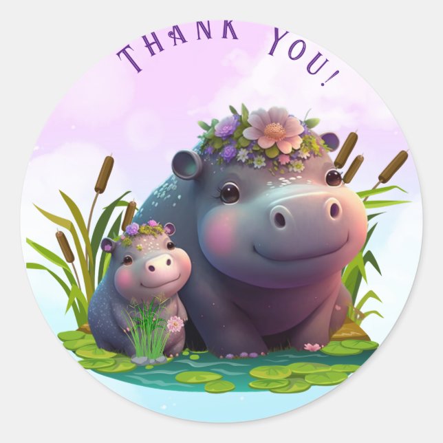 Adesivo Bonita Mãe e Bebê Hippo Obrigado Personalizado (Frente)