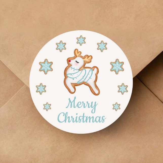 Adesivo Bonita Reindeer Feliz Natal (Cute Reindeer Merry Christmas Classic Round Sticker)