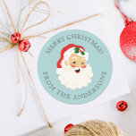 Adesivo Bonita Vintage Papai Noel Feliz Natal<br><div class="desc">Vintage bonitinha Papai Noel Feliz vinheta de Natal com fundo azul! Divertido por embrulhar presentes de Natal. Vem em uma variedade de cores. Projetado para você pelo Blackberry Boulevard.</div>