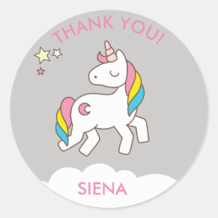 Adesivo Bonito Cinza Unicorn Festa de aniversário Obrigad