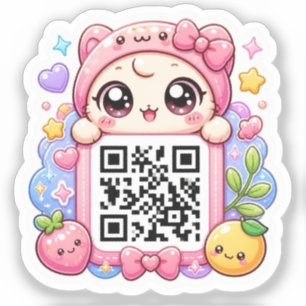Adesivo Bonito Código QR Rosa Kawaii Personagem Floral Pas