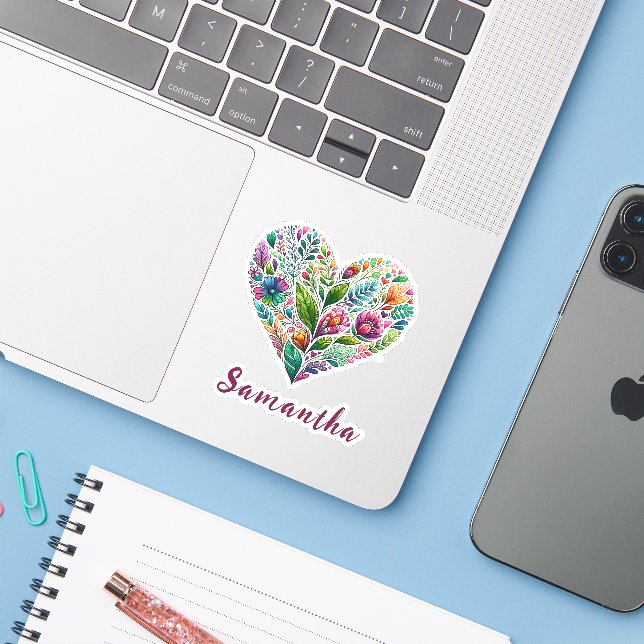 Adesivo Bonito Coração Floral Com Nome Vinil (Notebook com iPhone)