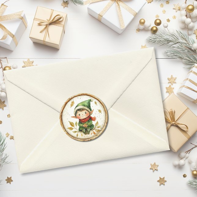 Adesivo Bonito Elfo de Natal em Cera Falsa (Cute Christmas Elf Faux Wax Classic Round Sticker)