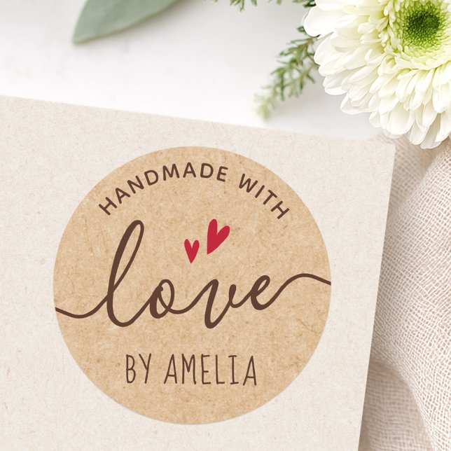 Adesivo Bonito nome personalizado Papel Kraft (Handmade with love custom name Kraft paper look Classic Round Sticker)