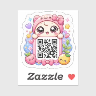 Adesivo Bonito Personagem de Código QR Rosa Kawaii Floral
