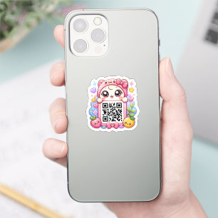 Adesivo Bonito Personagem de Código QR Rosa Kawaii Floral